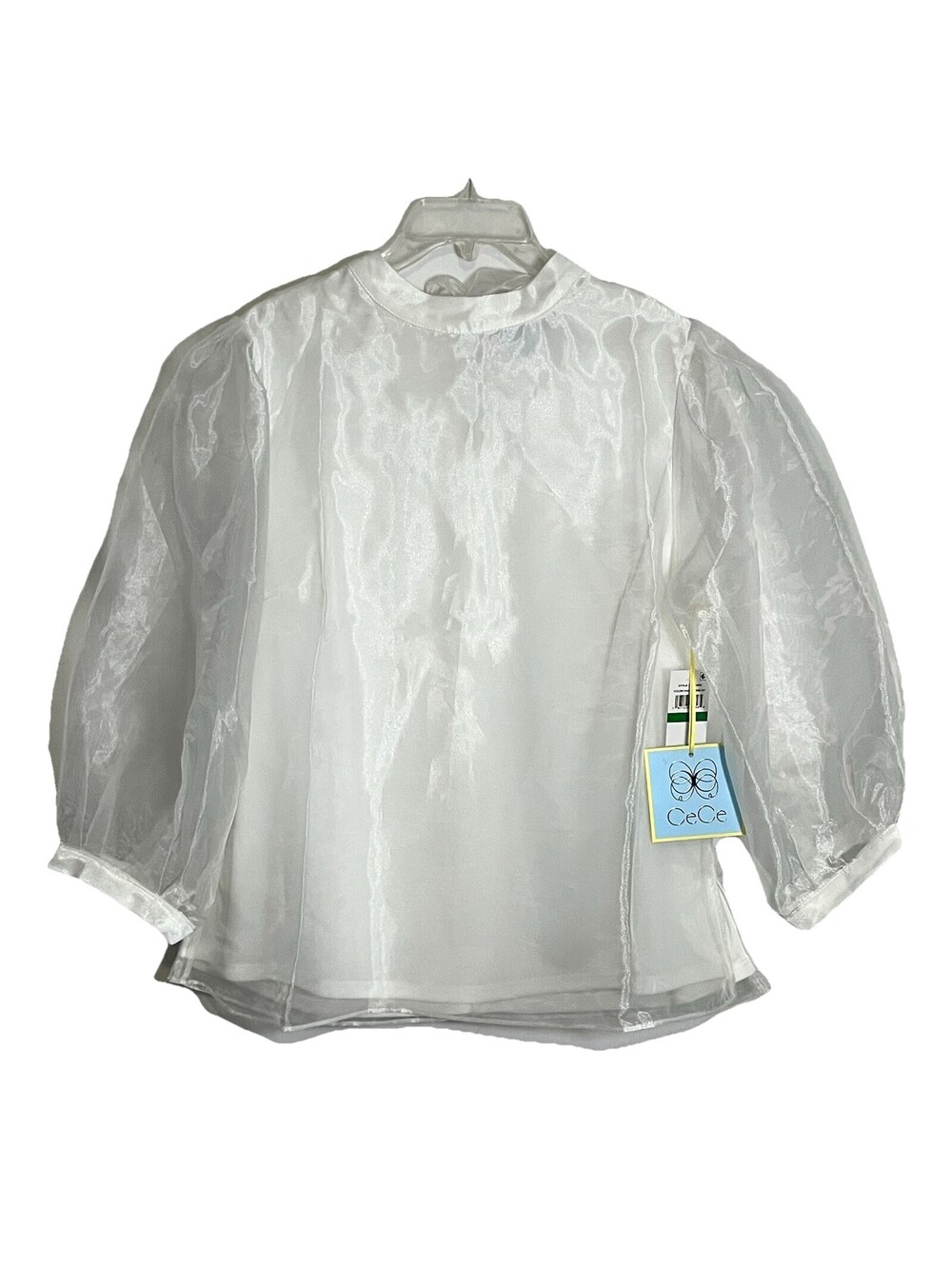 Cece White Lined Blouse Sheer Puffed Sleeve Bow Top Sz L NEW WITH TAG Retail $89